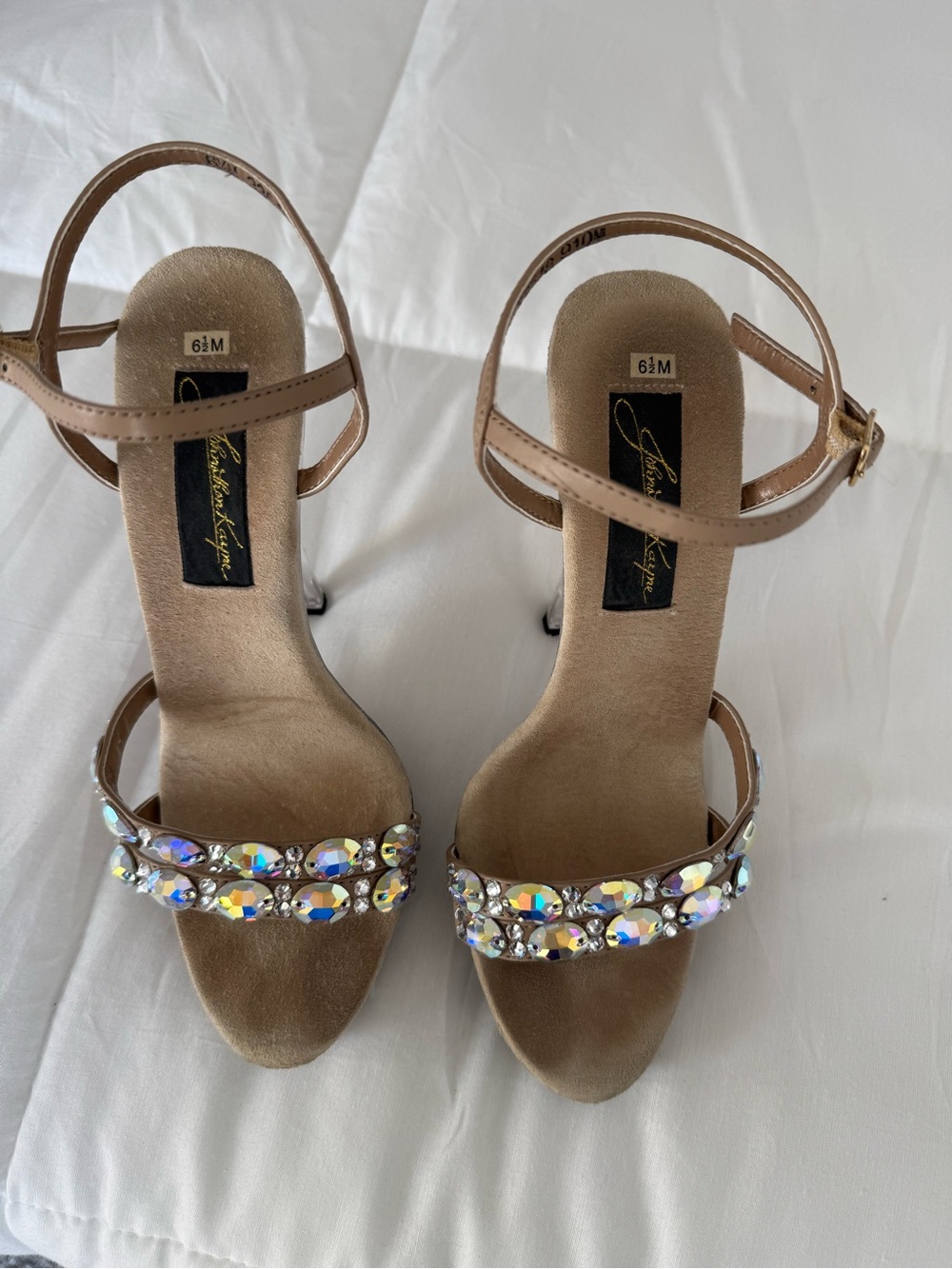 Johnathan Kayne Nude/Tan Heeled Sandals with Iridescent Crystal Straps